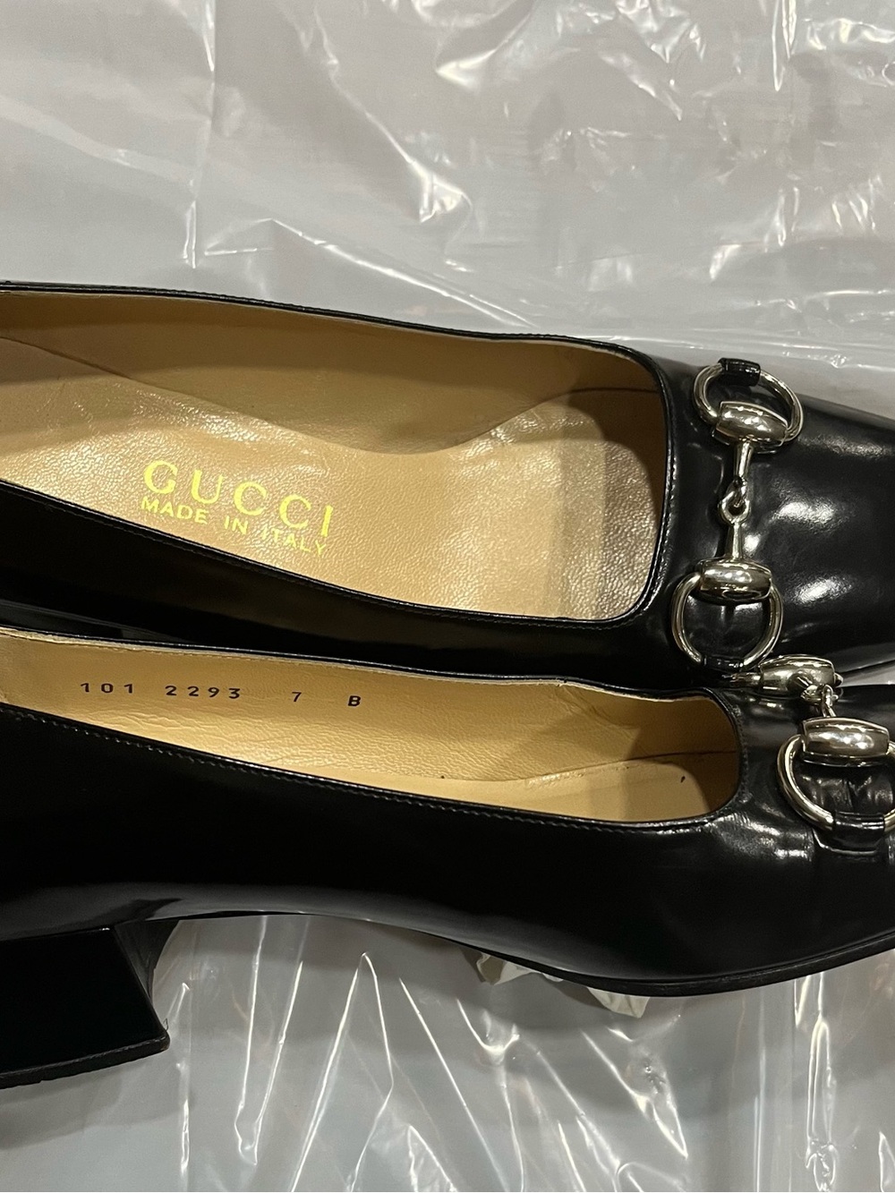 Gucci Black Leather Horsebit Block Heel Flats